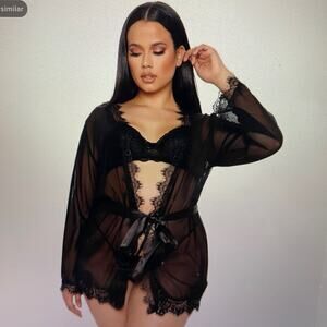 NWT Fashion Nova New Lover Robe Black Sheer and Lace with Belt